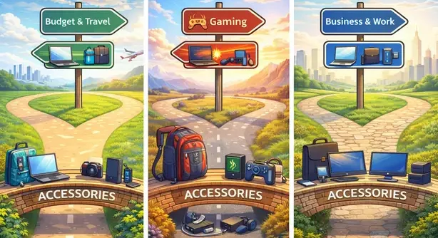laptop buying crossroads showing different priorities like travel gaming and business setups with accessories