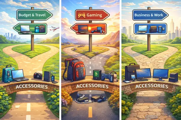 Vibrant illustration showing budget, gaming, and business laptop paths meeting at a crossroads, with accessories bridging portability and performance to demonstrate how different setups adapt to real needs