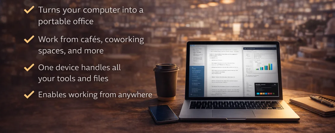 Laptop replacing a traditional office setup for remote work in a café environment