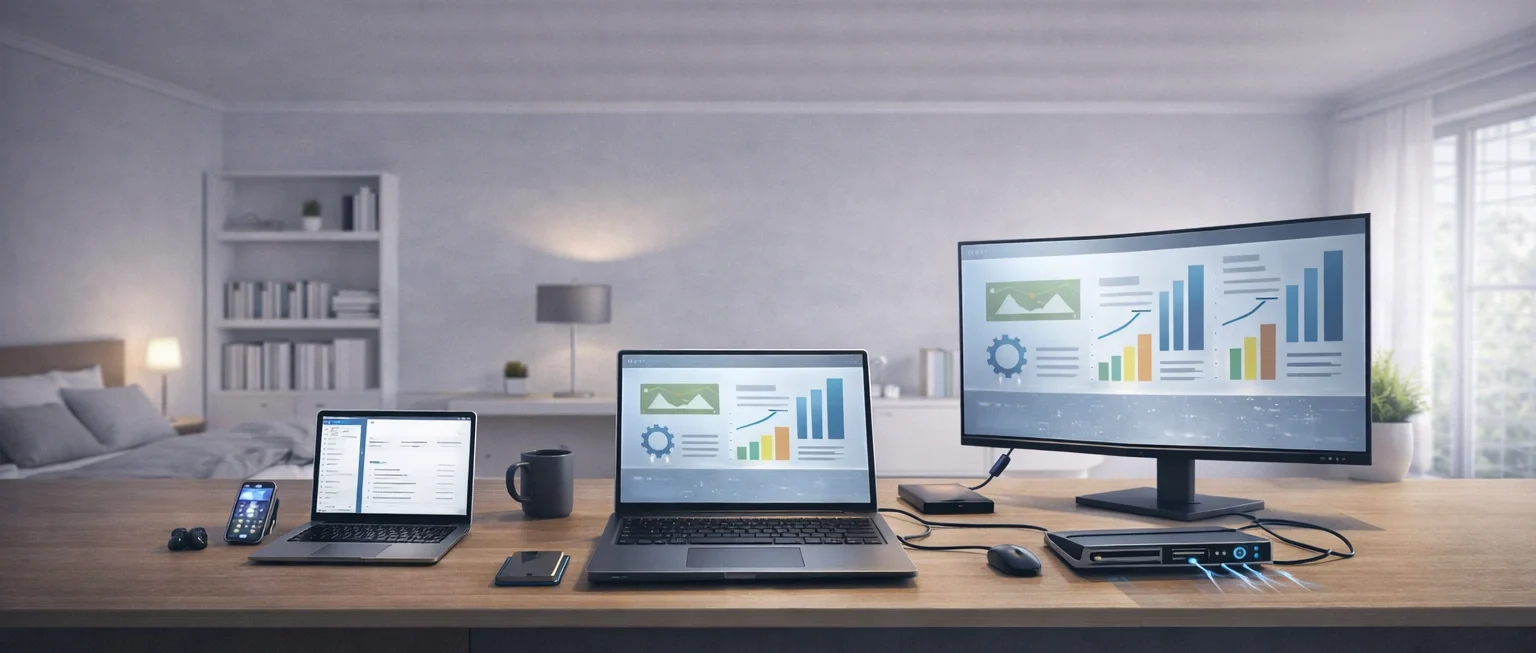 Comparison of travel laptop business laptop and desktop replacement laptop setups showing differences in size performance and setup
