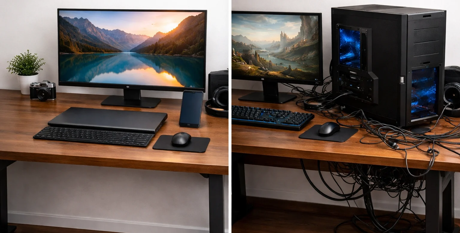 Desktop replacement laptop setup with external monitor compared to a traditional desktop computer with tower and cables