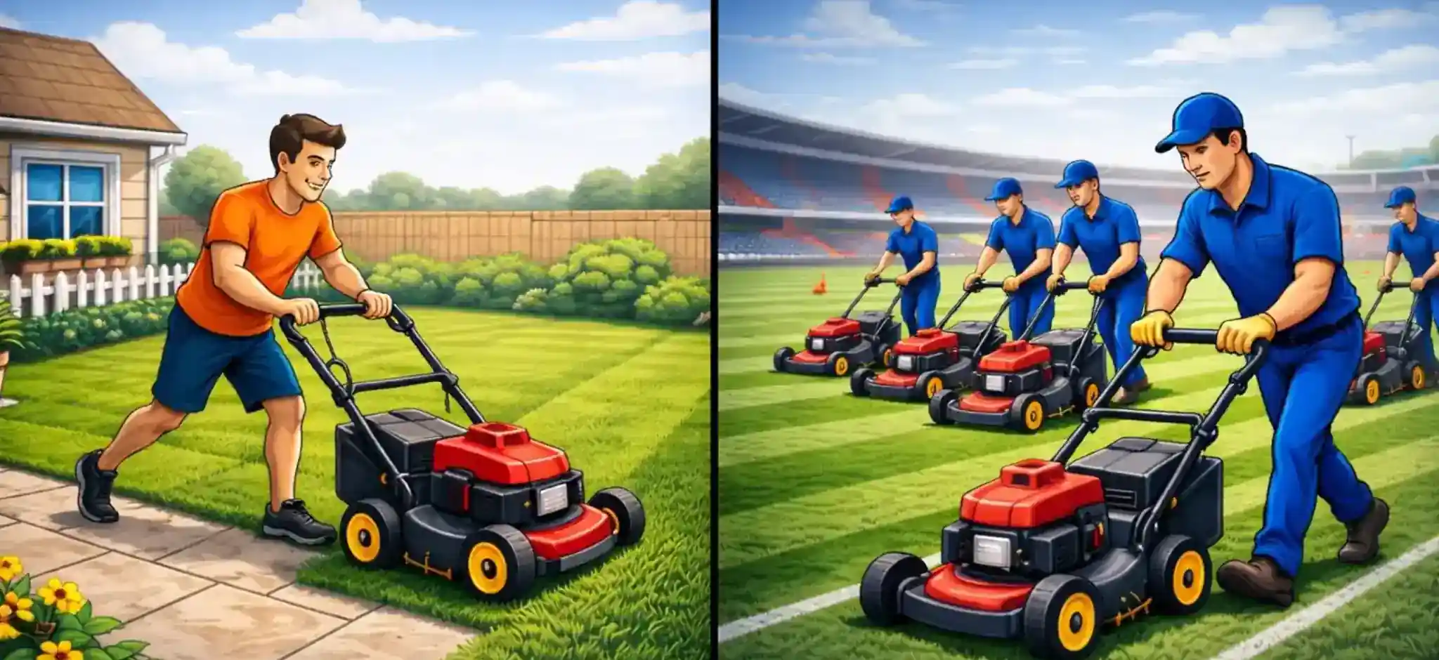 Small backyard lawn being mowed by one person compared with a team mowing a large stadium field illustrating how different workloads require different levels of equipment.