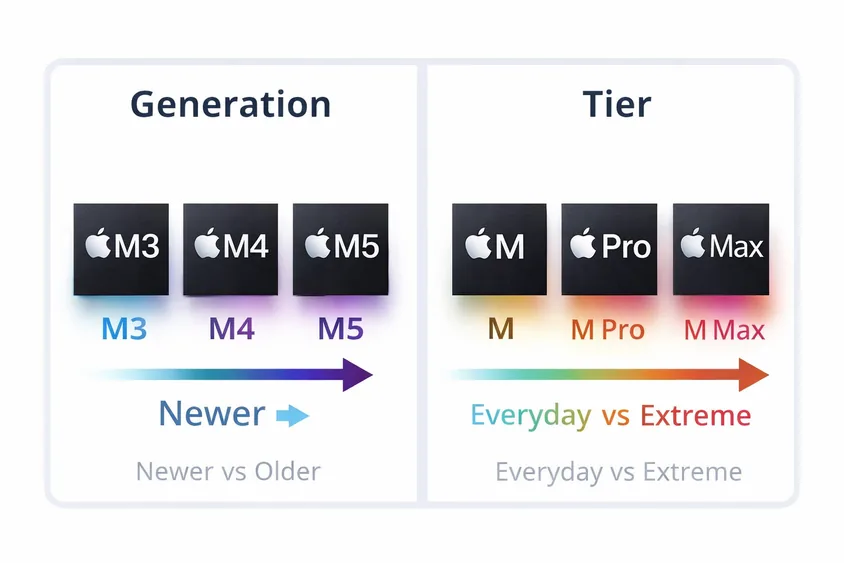Apple M-series chips explained showing generation versus tier from standard to Pro and Max