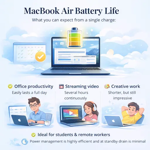 MacBook Air real-world battery life illustration showing office productivity, streaming video, and creative work usage