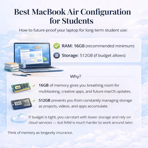 Best MacBook Air configuration for students showing recommended 16GB RAM and 512GB storage for long-term use