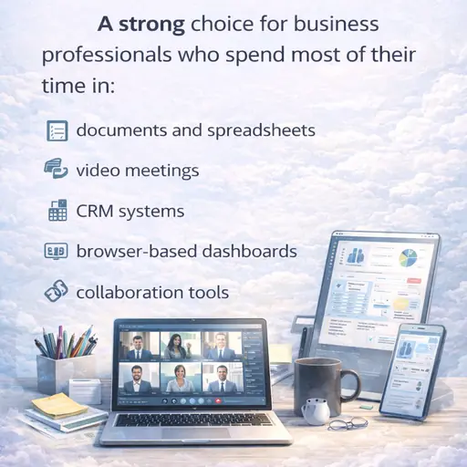 MacBook Air for business professionals showing documents, video meetings, CRM dashboards, and collaboration tools