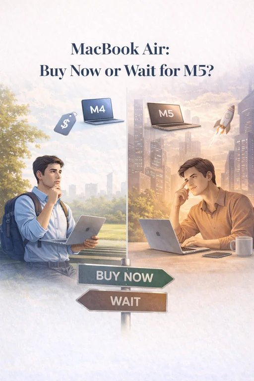 MacBook Air buy now or wait illustration showing buyers thinking about M4 versus M5