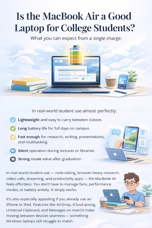 MacBook Air for college students illustration showing lightweight design, long battery life, quiet operation, and everyday study use