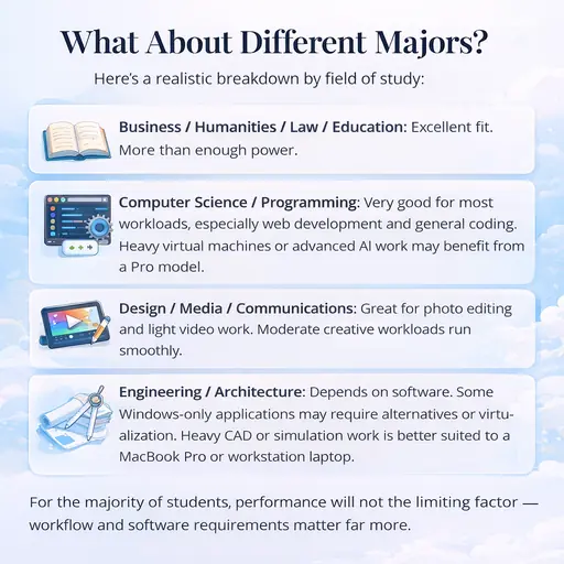 MacBook Air student majors comparison showing business, computer science, design, and engineering study suitability