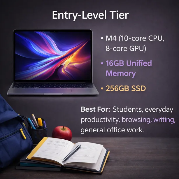 MacBook Air entry-level tier M4 showing 16GB unified memory and 256GB SSD configuration for students and everyday productivity