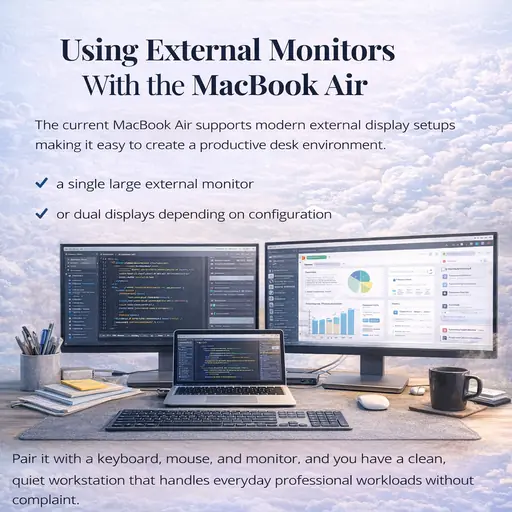 MacBook Air connected to dual external monitors showing productive desktop workstation setup