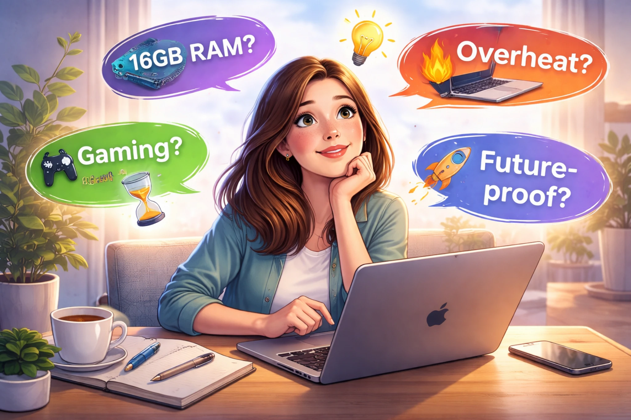 Excited person thinking about MacBook Air questions like RAM, overheating, gaming, and future-proofing