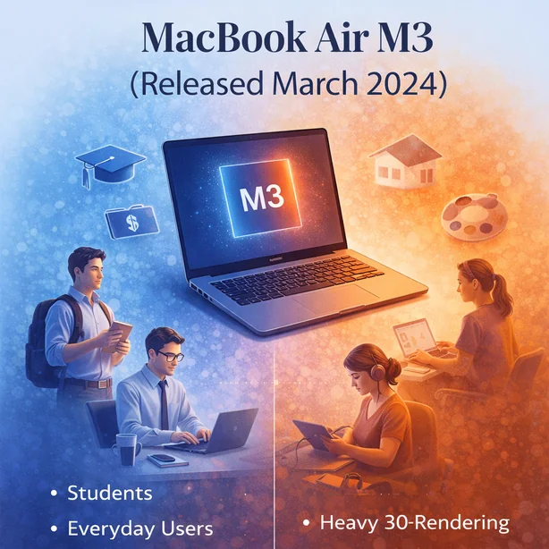MacBook Air M3 released March 2024 showing everyday performance for students office users and light creators