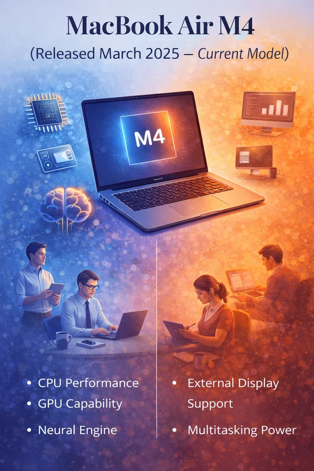 MacBook Air M4 current model showing CPU GPU neural engine and multitasking improvements