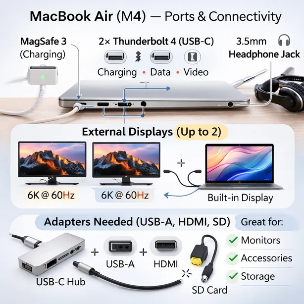 MacBook Air M4 ports and connectivity showing Thunderbolt 4, MagSafe charging, headphone jack, and dual external monitor support
