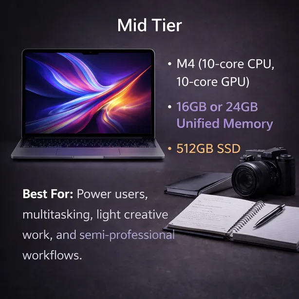 MacBook Air M4 mid tier configuration showing 16GB or 24GB unified memory and 512GB SSD for multitasking and light creative work