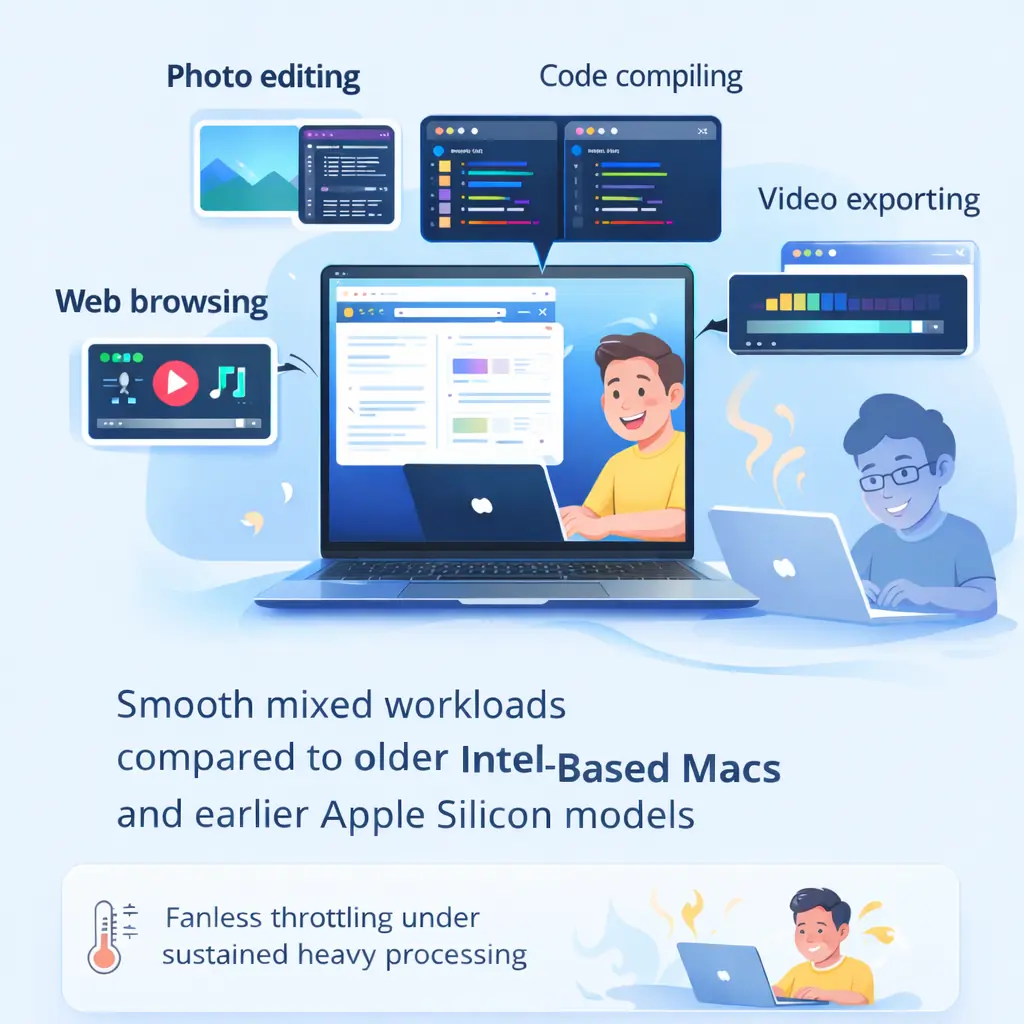 MacBook Air handling mixed workloads like photo editing, code compiling, video exporting, and web browsing at the same time