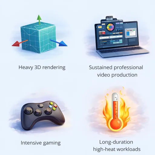 MacBook Air limitations visual showing heavy 3D rendering, professional video production, intensive gaming, and high-heat workloads