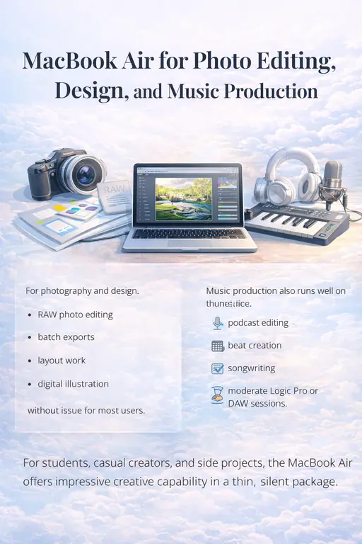 MacBook Air creative work illustration showing photo editing, graphic design, and music production tasks