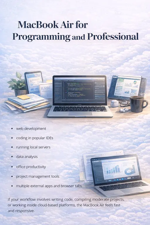 MacBook Air programming and professional work illustration showing coding, data analysis, web development, and multitasking