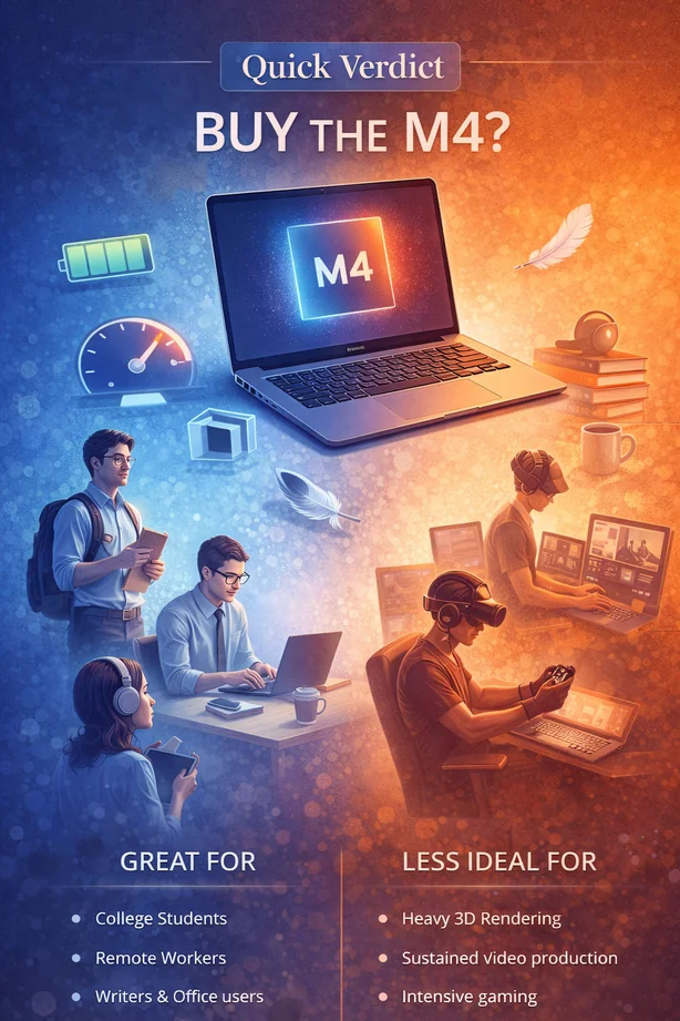 MacBook Air M4 quick verdict illustration showing who should buy and who should skip
