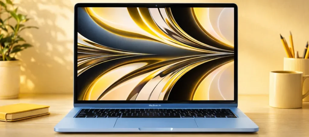 MacBook Air in sky blue color on a clean desk with warm lighting