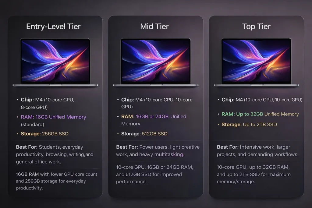 MacBook Air tier comparison showing entry-level, mid tier, and top tier M4 configurations with RAM and storage options