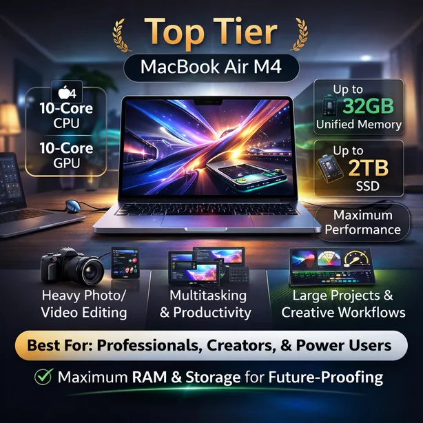 MacBook Air M4 top tier configuration showing 32GB unified memory and up to 2TB SSD for heavier creative work and long-term longevity