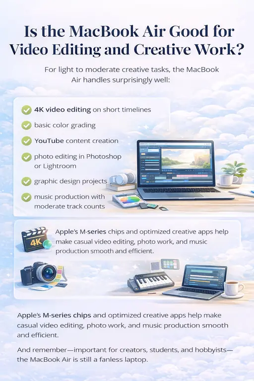 MacBook Air creative work illustration showing video editing, photo editing, graphic design, and music production tasks