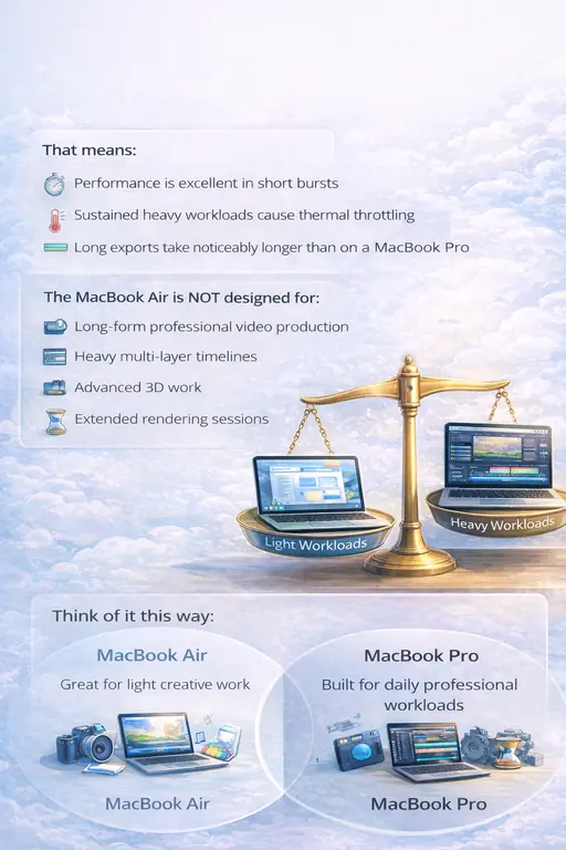 MacBook Air vs MacBook Pro creative workload comparison showing light creative tasks versus heavy professional workloads
