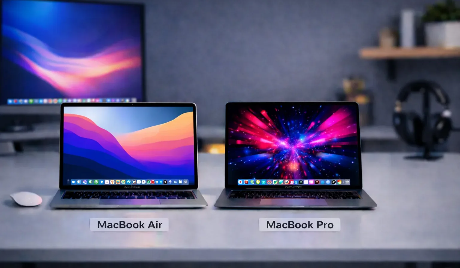 MacBook Air and MacBook Pro side by side on a desk showing different performance visuals for comparison