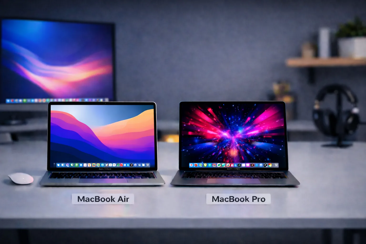 MacBook Air and MacBook Pro side by side on a desk showing different performance visuals for comparison