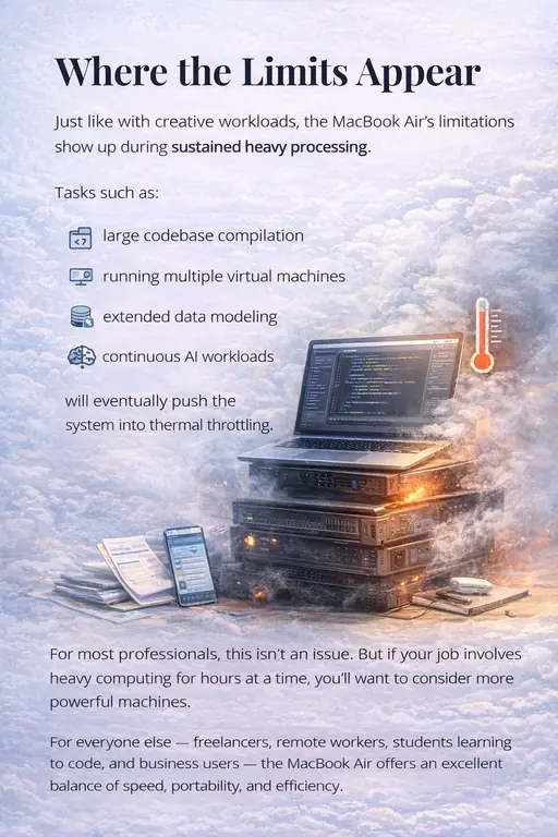 MacBook Air sustained workload limits illustration showing thermal throttling during heavy processing tasks