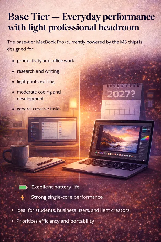 Base tier MacBook Pro for everyday productivity, light creative work, and moderate coding