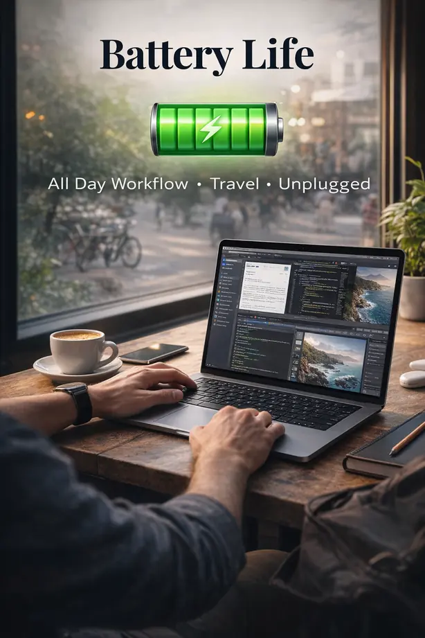 MacBook Pro used unplugged in a café showing all-day battery life for mobile professional workflows