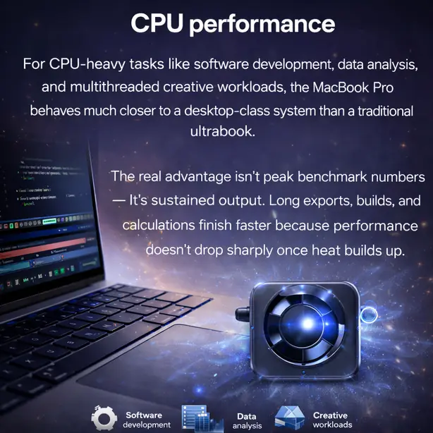MacBook Pro CPU performance showing sustained power for coding, data analysis, and creative workloads