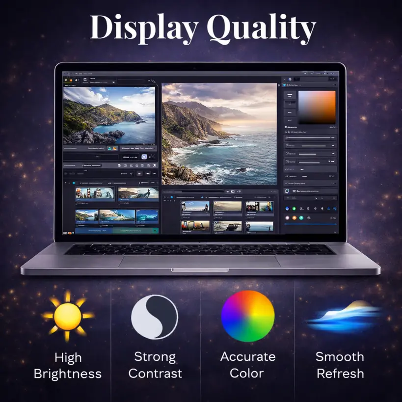MacBook Pro display quality showing high brightness, strong contrast, accurate color, and smooth refresh