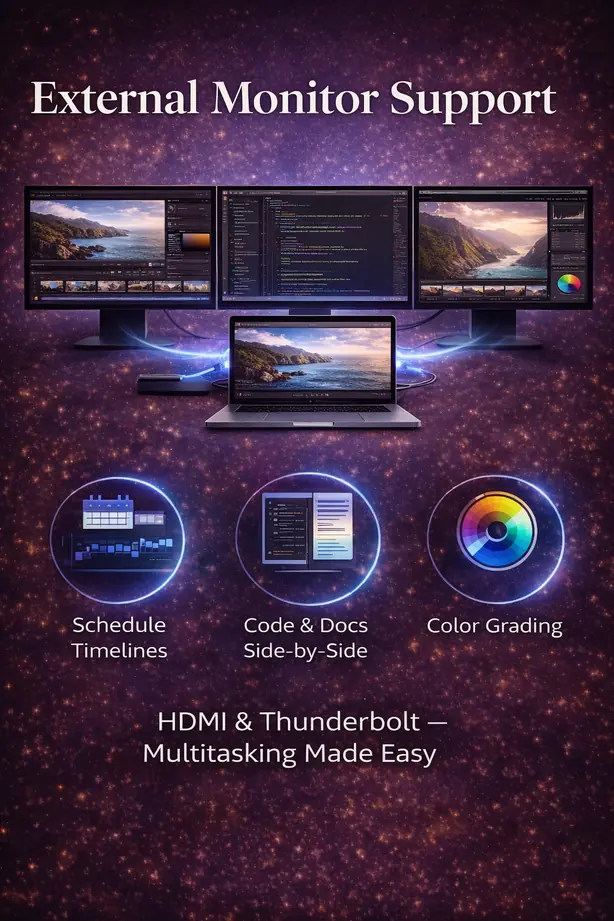 MacBook Pro external monitor setup showing multiple displays for video editing, coding, and color grading workflows