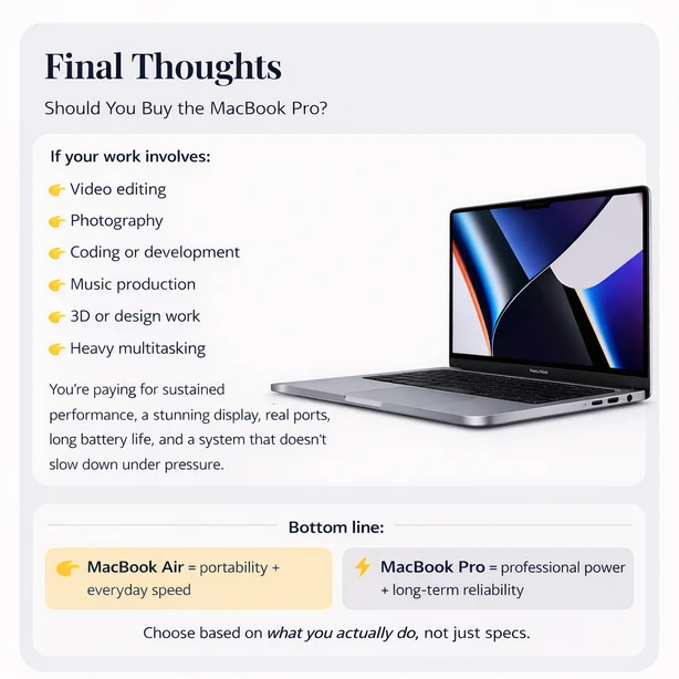 MacBook Pro final buying decision showing professional workloads versus MacBook Air everyday use