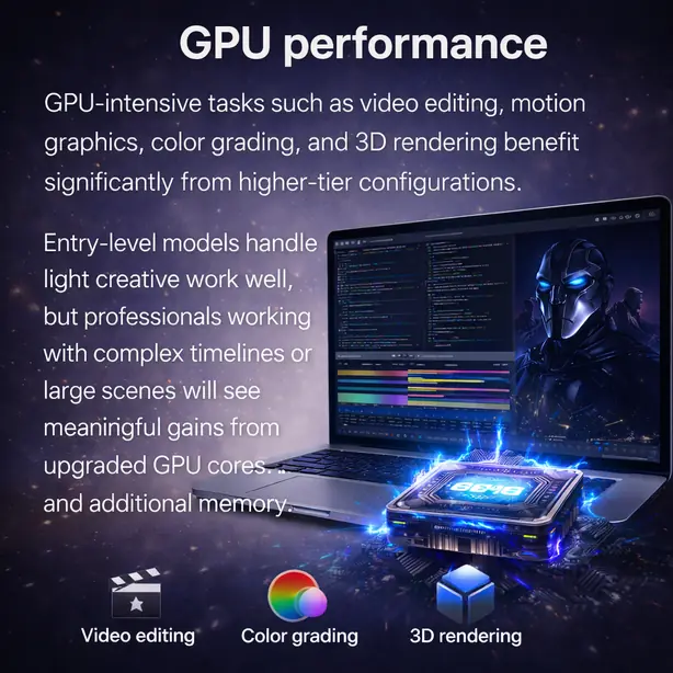 MacBook Pro GPU performance for video editing, color grading, and 3D rendering workflows