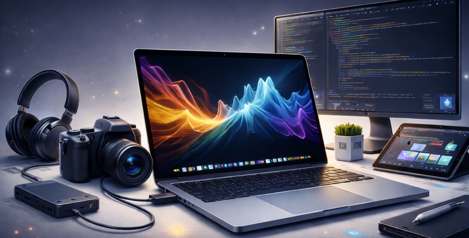 MacBook Pro professional workstation with external monitor, camera gear, tablet, and creative tools showing real-world performance