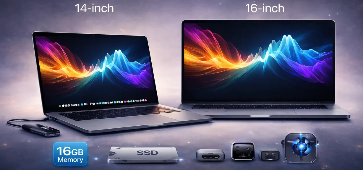 MacBook Pro 14 inch and 16 inch lineup overview showing size and performance tiers