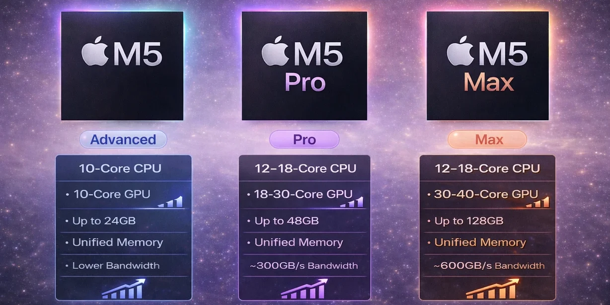 MacBook Pro M5 vs M5 Pro vs M5 Max chip comparison showing performance tiers