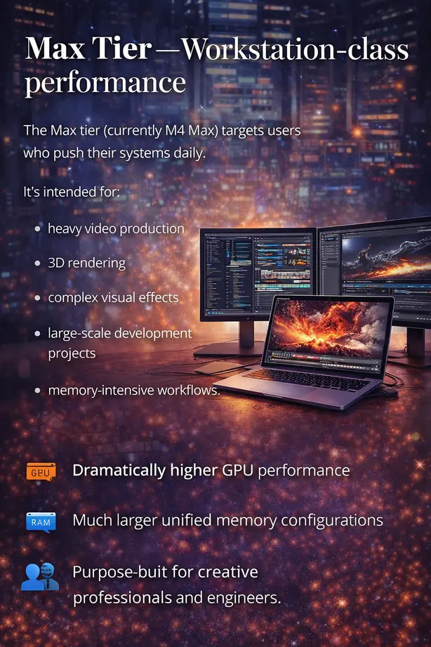 MacBook Pro Max tier workstation setup showing heavy video production, 3D rendering, and development workflows