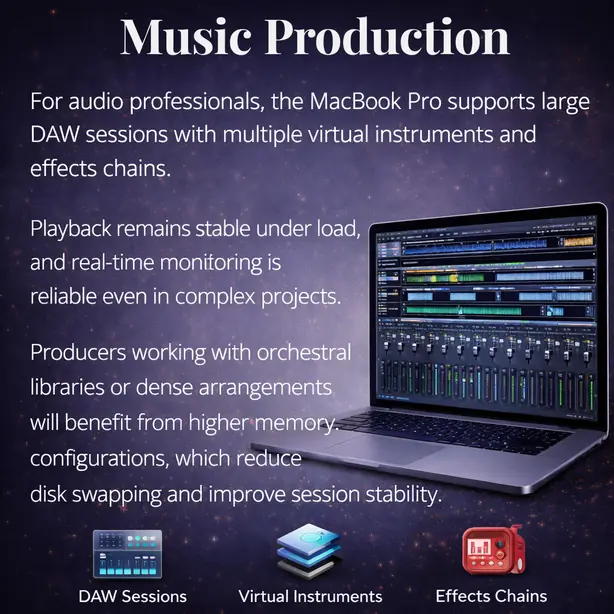 MacBook Pro music production performance handling large DAW sessions, virtual instruments, and effects chains