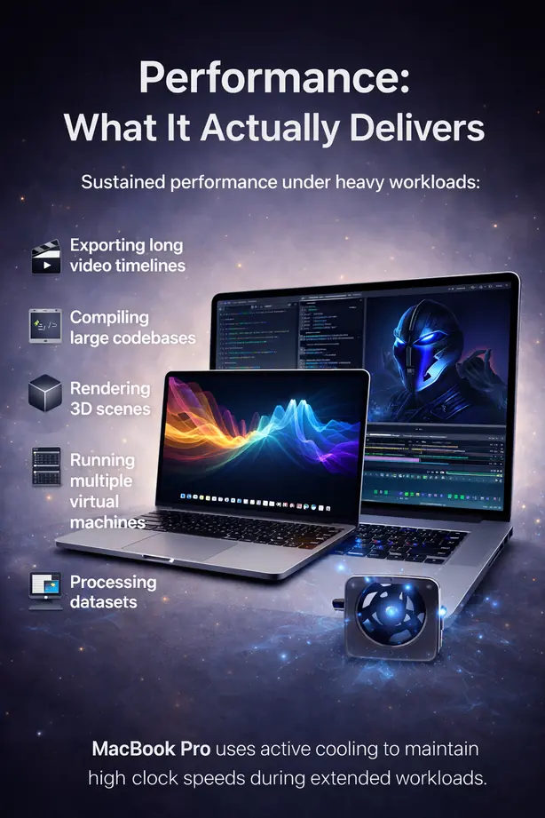 MacBook Pro sustaining performance during video editing, coding, 3D rendering, and heavy workloads