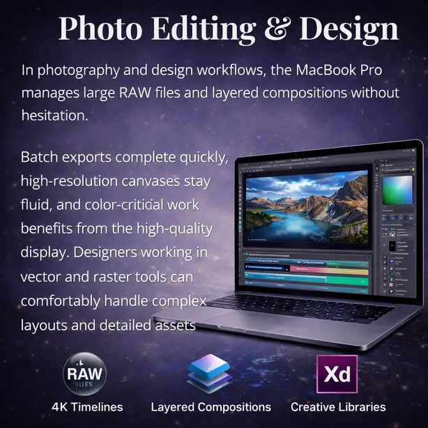 MacBook Pro photo editing and design performance handling RAW files, layered compositions, and creative workflows