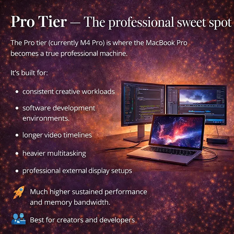MacBook Pro Pro tier setup showing dual monitors for software development, creative work, and multitasking