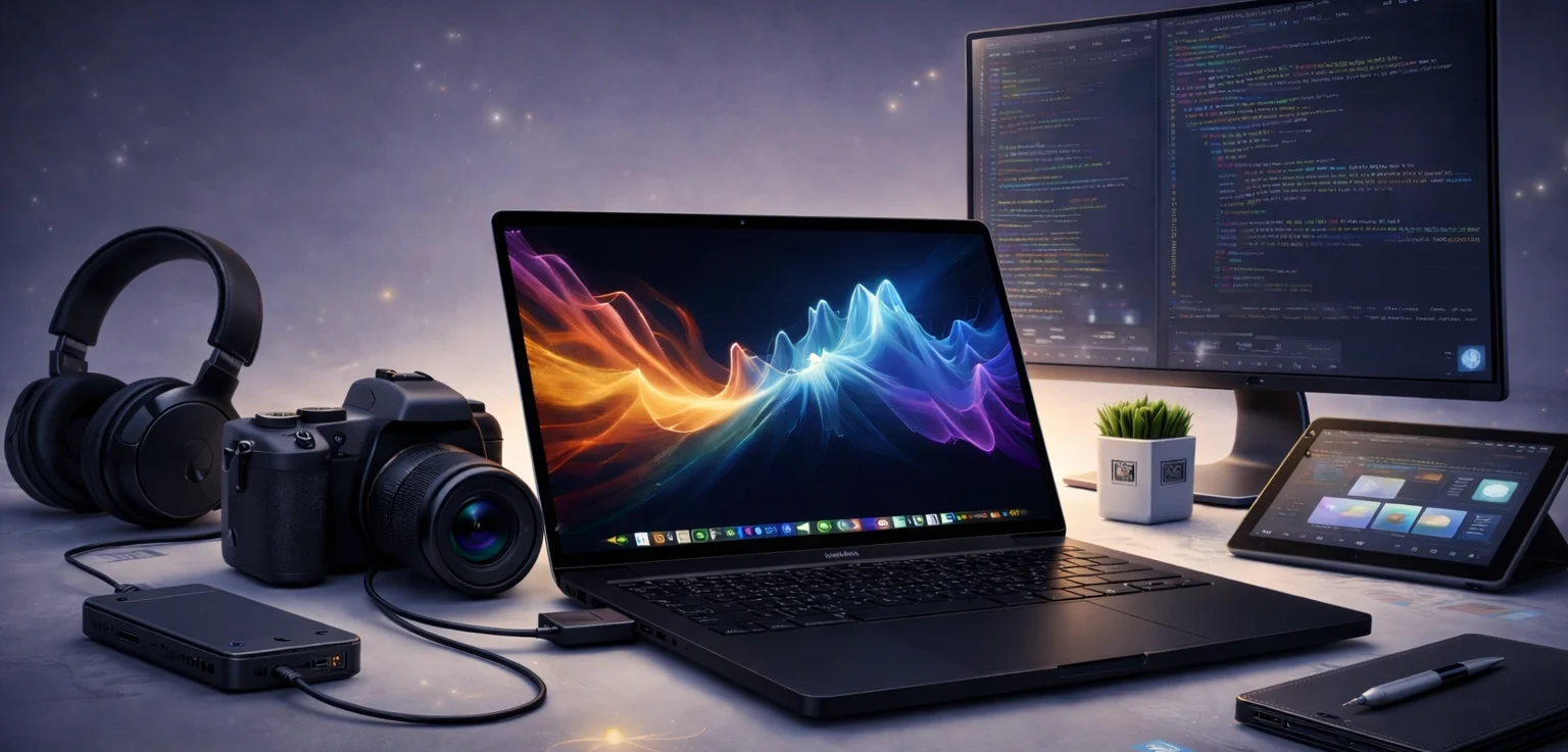 MacBook Pro workspace setup with external monitor camera gear and multitasking environment