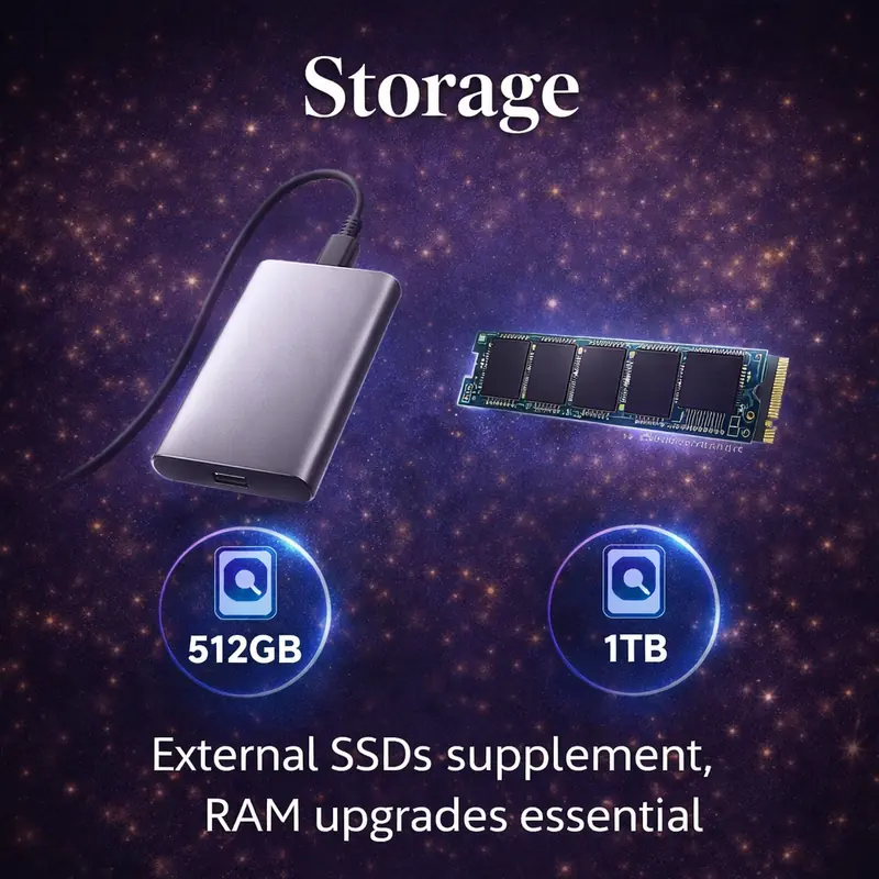 MacBook Pro storage configuration showing internal SSD and external SSD options for professional workflows